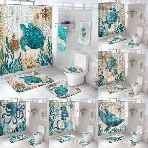 Waterproof turtle-themed shower curtain set with matching bath mat and toilet lid cover for an oceanic bathroom decor
