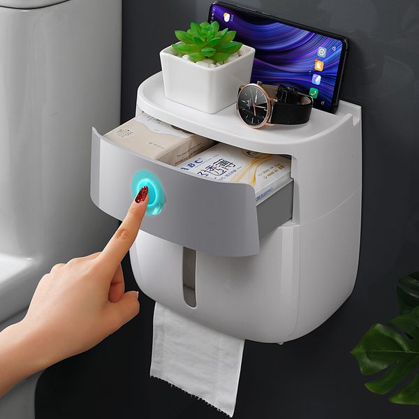 Waterproof wall-mounted toilet paper holder with storage tray for bathroom use