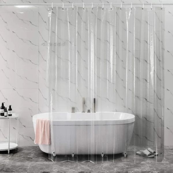 Waterproof white PEVA shower curtains with transparent/pink lining, mildew-resistant for bathrooms
