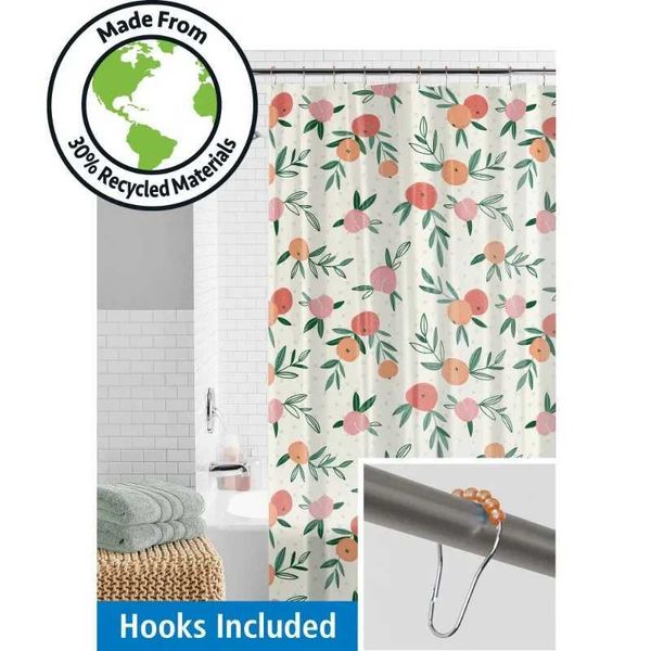 Water-resistant 30% recycled PEVA shower curtain set with 13 hooks, orange and yellow, simple maintenance—wipe with a damp cloth Y240815