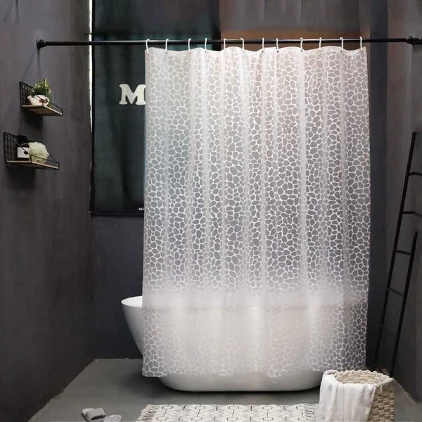 Water-resistant EVA shower curtain with anti-mold 3D cobblestone design, translucent bath divider featuring hooks M240824