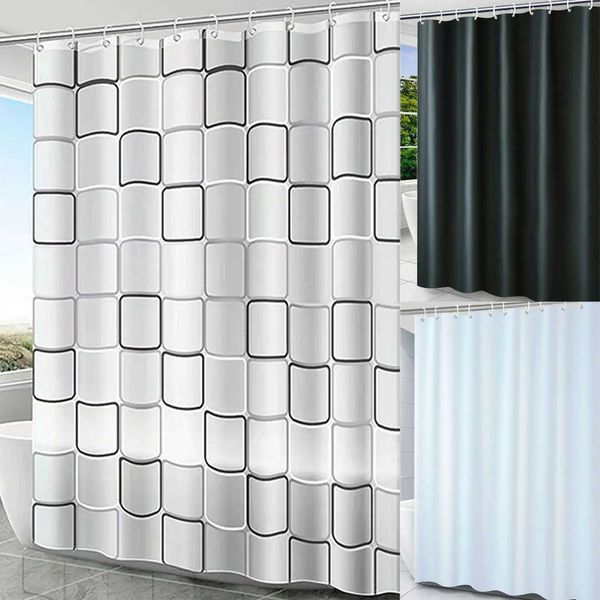 Water-resistant PEVA shower curtain featuring a contemporary geometric plaid design for farmhouse-style bathroom decor
