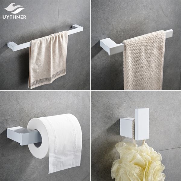 White bathroom hardware set featuring robe hooks, towel rails, racks, shelves, tissue holders, and toothbrush holders