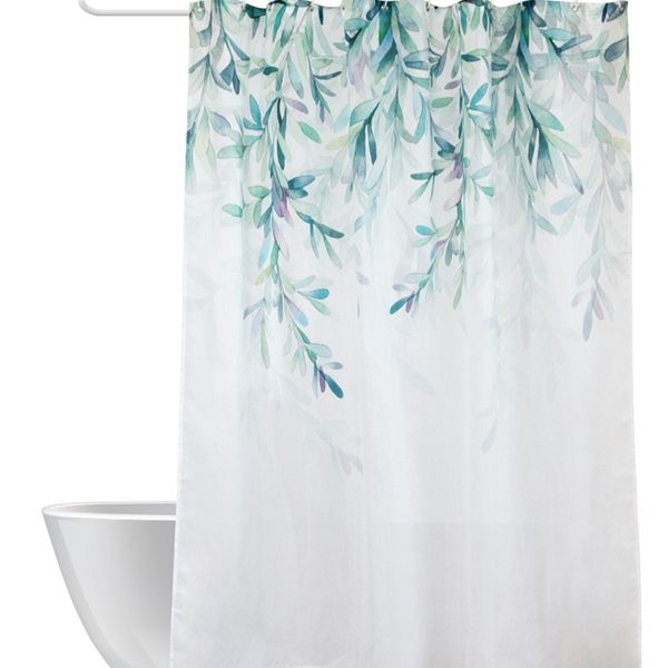 White farmhouse-style shower curtain set with green leaf print and pink accents, includes hooks for modern bathrooms