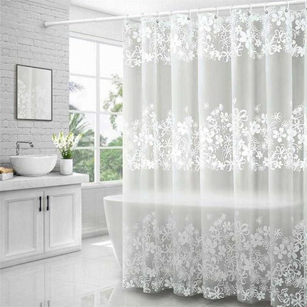 White floral vine-patterned waterproof shower curtain set with mildew-resistant translucent bath screen and included hooks for bathroom decor