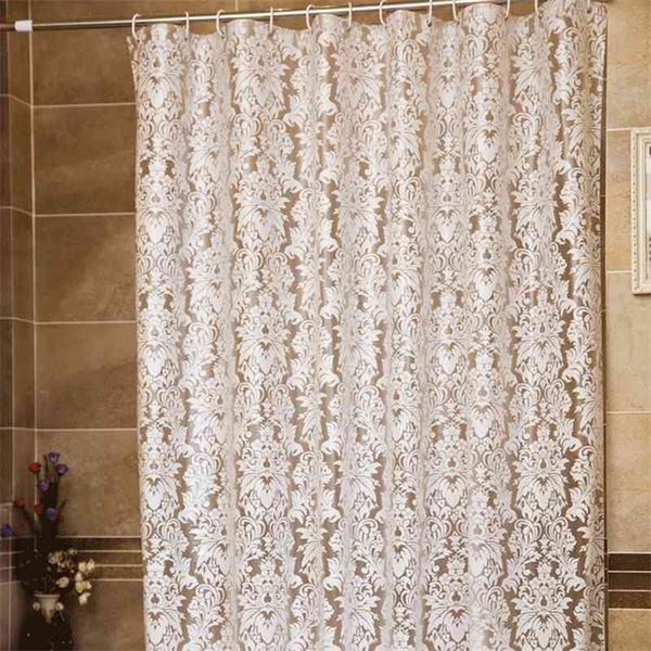 White PEVA floral shower curtain with hooks for waterproof bathroom use, Morocco-inspired design in transparent D30 size