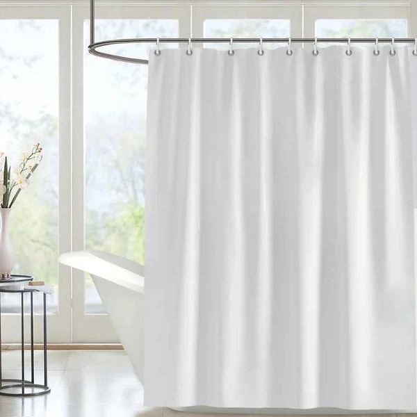 White polyester shower curtain with hooks, waterproof and washable, in solid color for bathroom use M240824