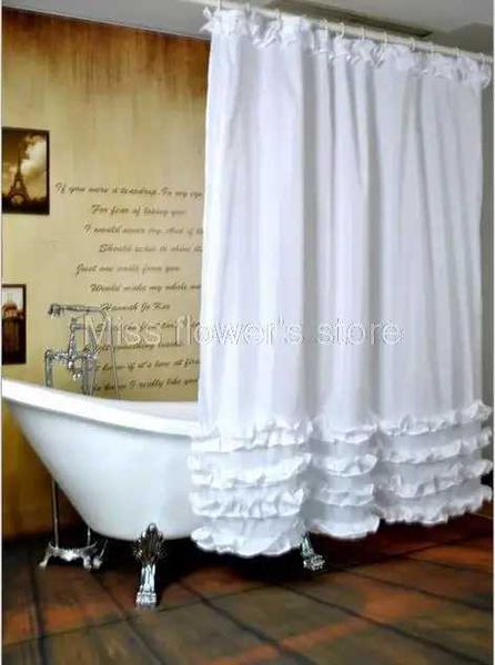 White ruffled princess design shower curtain, waterproof and mildewproof polyester fabric, includes 12 hooks, size 180x180cm M240824