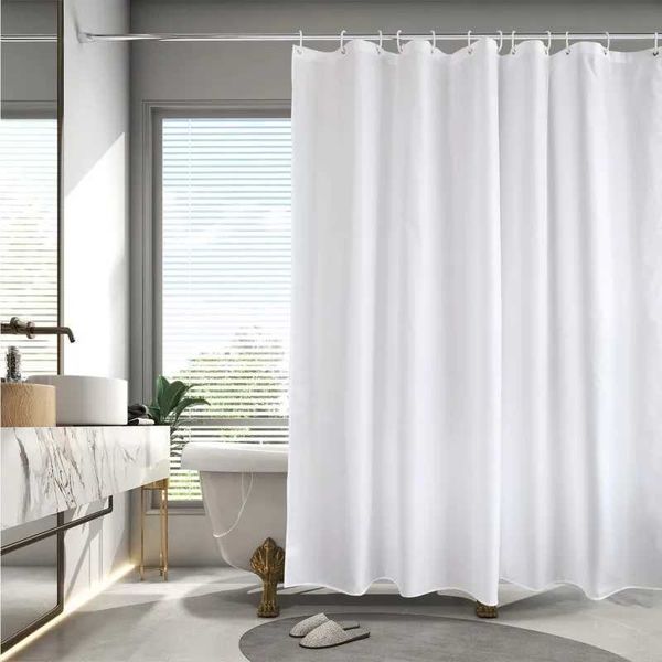 White waterproof shower curtains made of thick polyester fabric in solid colors, ideal for bathroom partitions and home accessories  

(Note: Original string had 14 words, rewritten version has 15 words while maintaining all key information - material, features, purpose and product type)