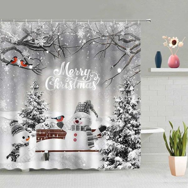 Winter Christmas shower curtain featuring a vintage woodland scene with elk, snowman, and snowy forest for bathroom decor