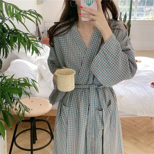 Women's Fashion Spring/Autumn Plaid Long-Sleeve Kimono Bathrobe for Home Wear