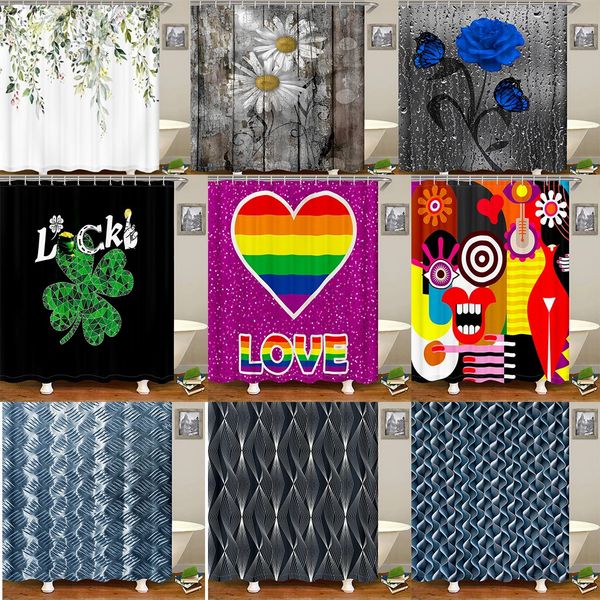 Wooden grain shower curtain featuring 12 plastic hooks, ideal for bathroom decor, made from waterproof, washable polyester fabric with floral design