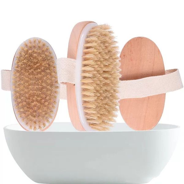Wooden oval bath brush with soft bristles for dry skin massage in shower or spa