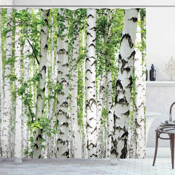 Woodland-themed shower curtain featuring birch trees and forest wildlife for bathroom decor