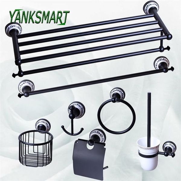 YANKSMART Black Solid Brass Ceramics Bath Shelf Soap Dish Toilet Holder Towel Rack Paper Holder Bathroom Accessories Hardware LJ201209