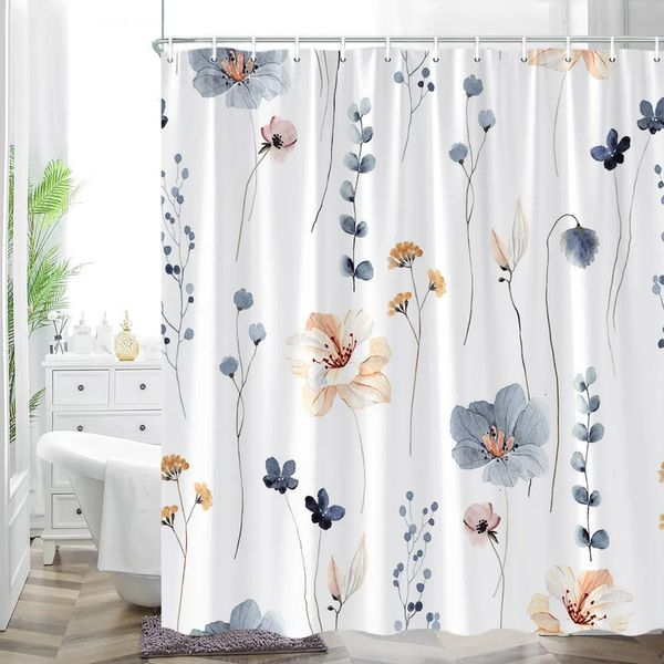 Yellow and gray watercolor floral shower curtains in modern minimalist white fabric for bathroom decor