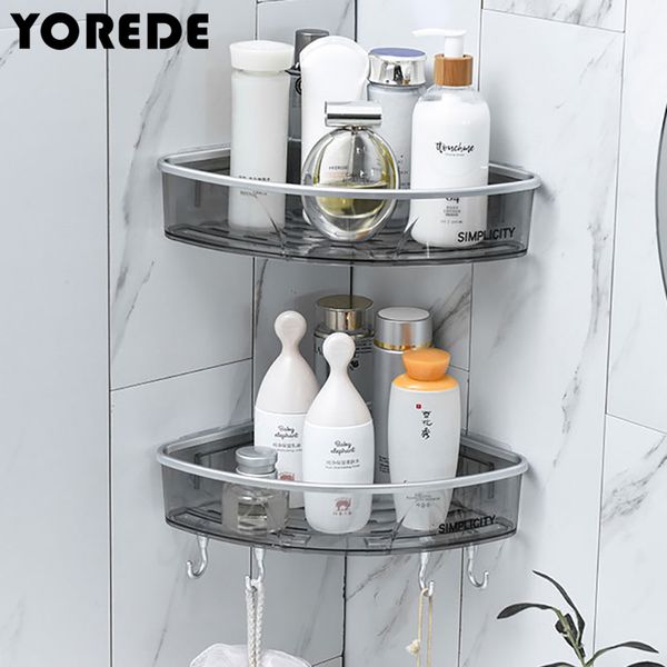YOREDE wall-mounted corner shelf with hooks for bathroom and kitchen storage organization