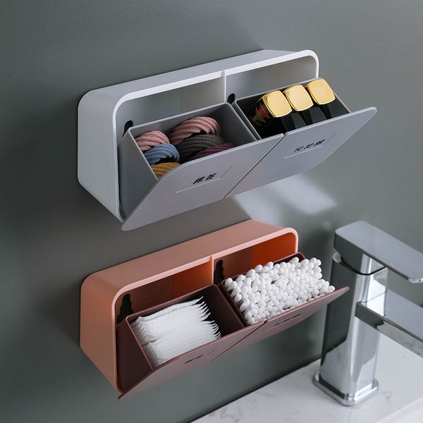 YOZWOO Wall-Mounted Cotton Swab Storage Box with Flip Lid and Dual Compartments for Dustproof Makeup Organization