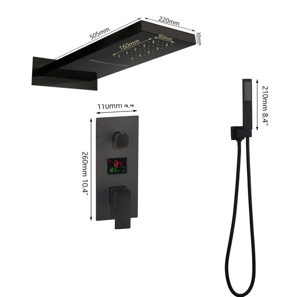 ZAPPO LED Matte Black Square Rain Shower Faucet Set with Hot/Cold Tap Mixer, No Tub Included