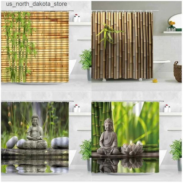 Zen Green Bamboo Shower Curtain featuring a serene Stone Buddha, Lotus Candles, and a tranquil Japanese Spa Garden Landscape for your bathroom