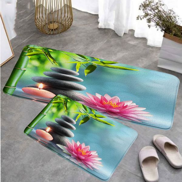 Zen Kitchen Floor Mats featuring green bamboo, flowing water, pink lotus, orchid stone, and natural scenery for home decor, non-slip bath rugs