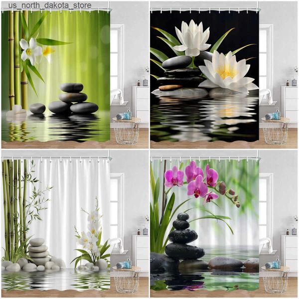 Zen-inspired black stone shower curtains with green bamboo, lotus flowers, spa candles, purple orchids, and natural leaf designs for a meditative bathroom ambiance