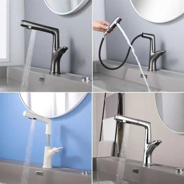 Zinc alloy pull-out basin faucet for luxurious bathroom sink with single holder, lift and rotate washbasin tap C241231